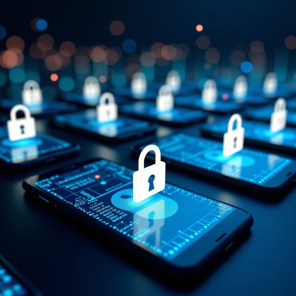 Digital security concept, lock symbols on mobile screens, abstract background with glowing data particles, clean and modern design, 4:3.