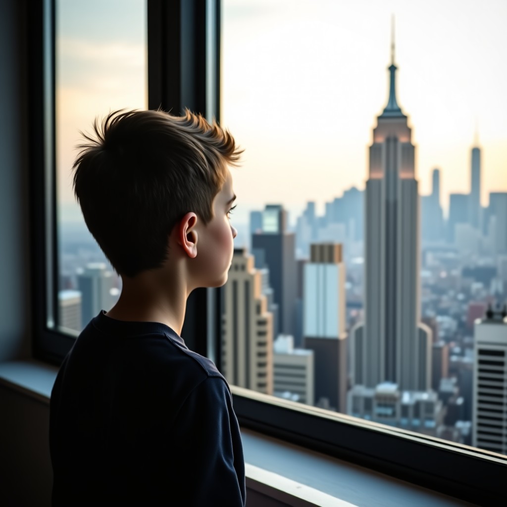 A thoughtful young person looking out a window at a city skyline, natural light, soft focus, reflective atmosphere, 4:3