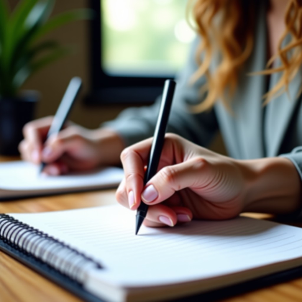 Close-up of a person hands writing in a notebook with a focused and positive atmosphere, natural lighting, minimalistic background, 4:3