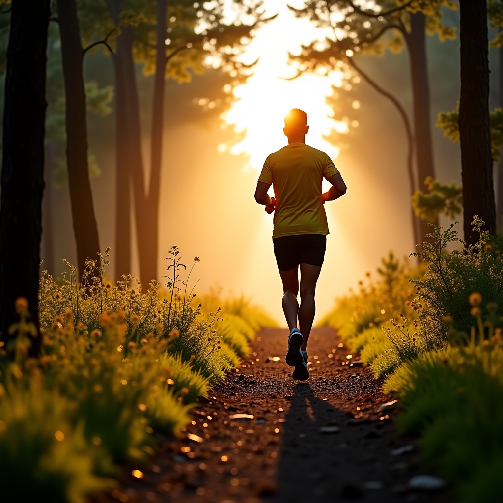 A person jogging on a forest trail in the early morning, soft golden hour lighting, natural and refreshing mood, high quality photography, aspect ratio 4:3