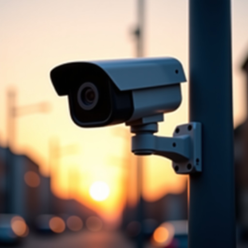 Close up of modern smart surveillance camera mounted on a city pole, sunset lighting, shallow depth of field, photorealistic, 4:3