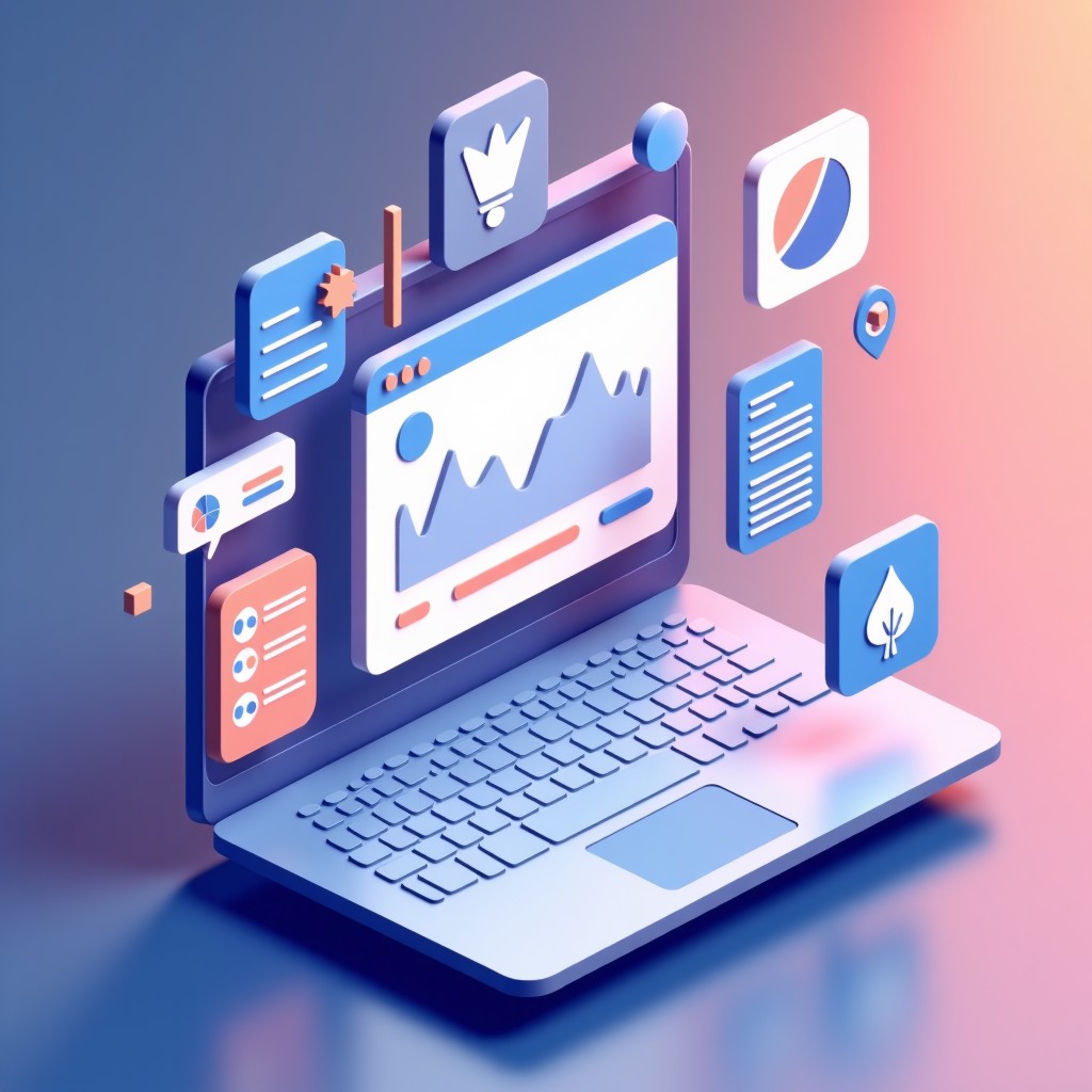 A digital illustration showing various e-commerce platform icons and sleek dashboard UI elements floating in a gradient space, professional and minimalist style, 4:3 aspect ratio.