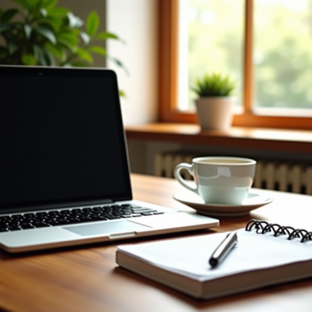 A professional office environment with an open laptop, coffee, and notebooks on a warm-toned wooden table, bright and natural morning light, realistic photography, 4:3 aspect ratio.
