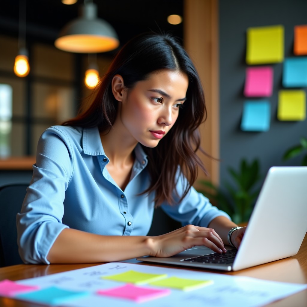 A person working on a marketing plan with colorful sticky notes and a laptop, focused expression, cinematic depth of field, high-quality modern office interior, 4:3 aspect ratio.