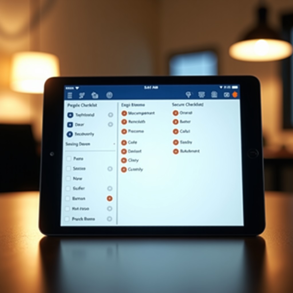 A professional workspace with a tablet showing a secure digital checklist interface, warm lighting, blurred background, office atmosphere, 4:3