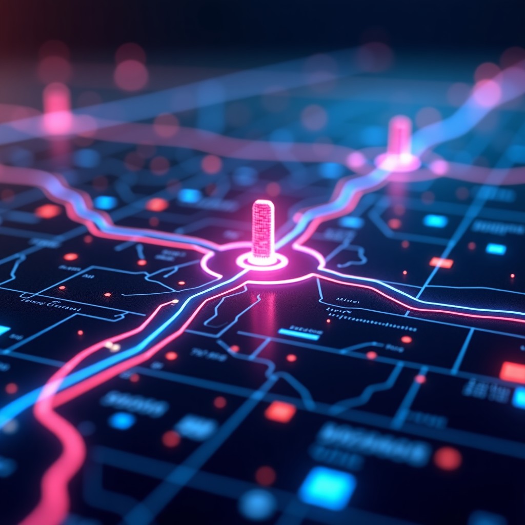 Abstract representation of digital routing and location data, futuristic HUD elements, vibrant colors, clean and professional, 4:3 aspect ratio.