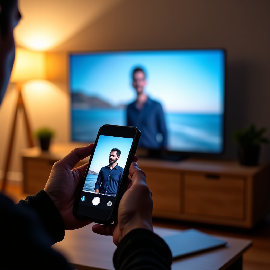 A person holding a smartphone showing a movie clip on a vertical video feed, soft ambient lighting, modern living room background, realistic, 4:3 aspect ratio