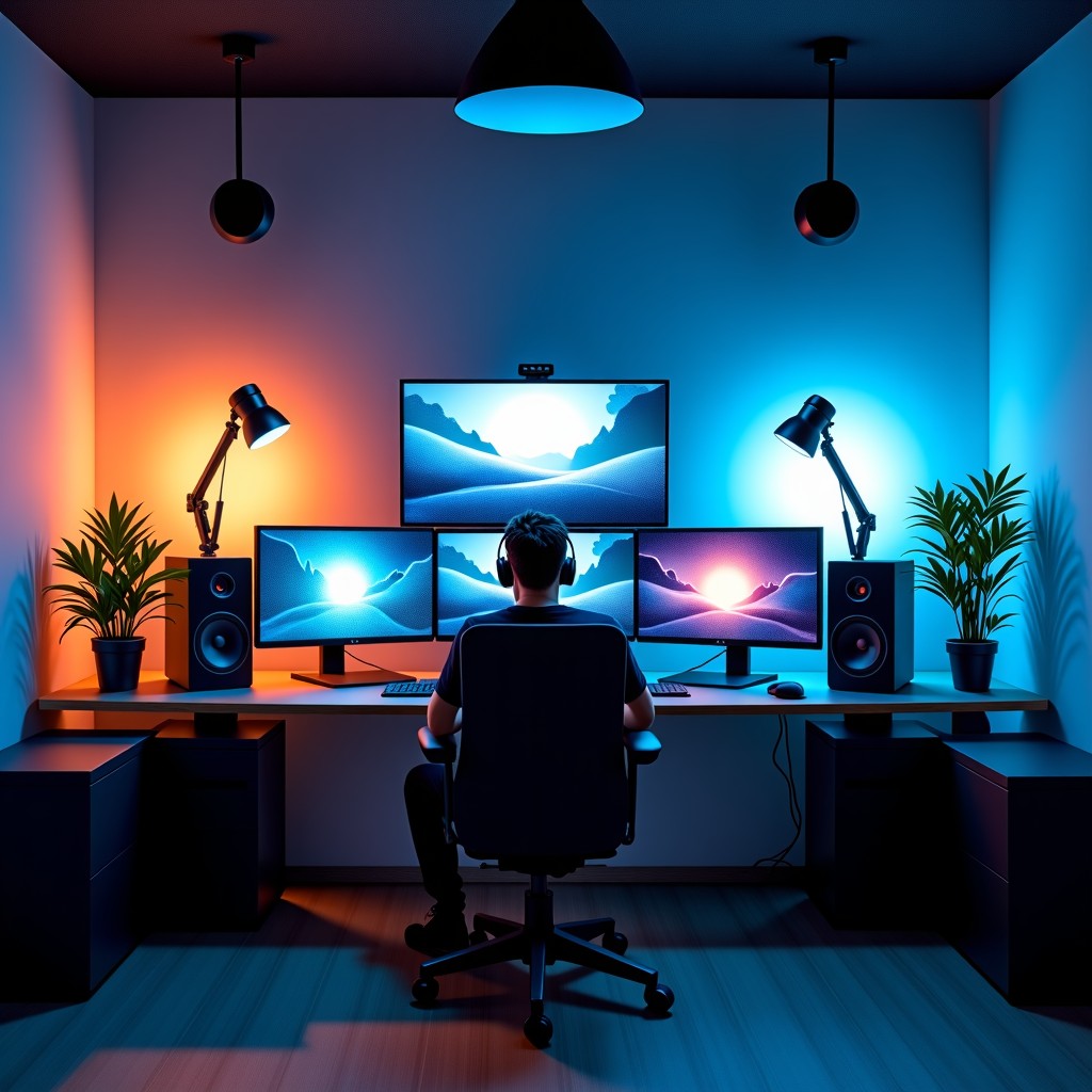 Modern digital filmmaking studio interior, large screen monitors with advanced visual effects, creative workspace, soft blue and orange ambient lighting, 4:3 aspect ratio.