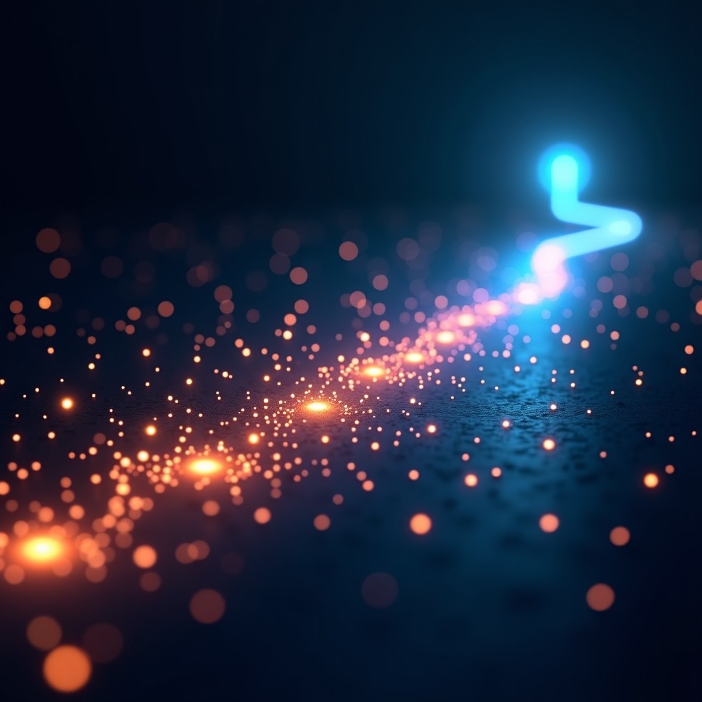 Artistic representation of digital transformation in movies, glowing light paths connecting film reels to binary code, cinematic dark background, volumetric lighting, 4:3 aspect ratio.