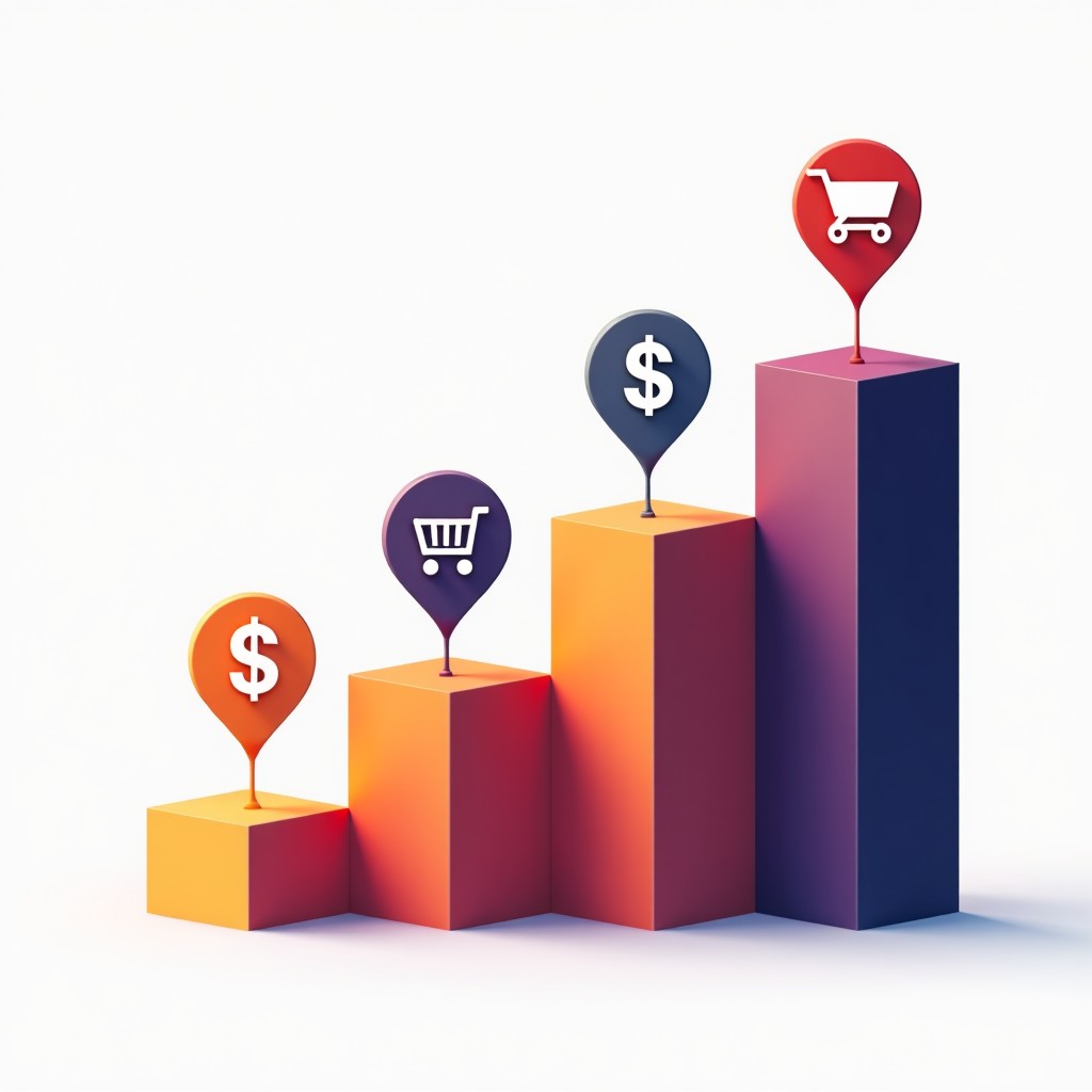 Abstract representation of digital commerce growth, growth chart icons with clean geometric shapes, minimalist design, vibrant colors, 4:3 aspect ratio