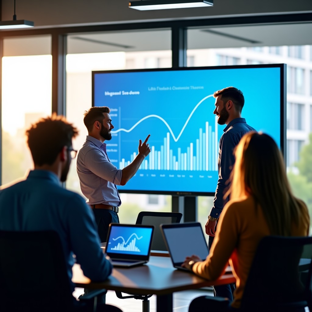 A bright and modern office workspace showing a happy team collaborating around a digital display of business metrics, high quality, natural lighting, 4:3 aspect ratio