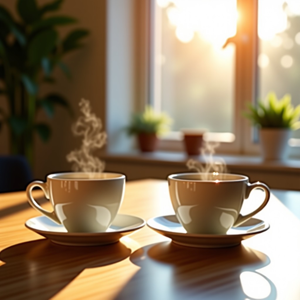 A serene morning scene with two cups of coffee on a wooden table, sunlight streaming through a window, soft focus, 4:3