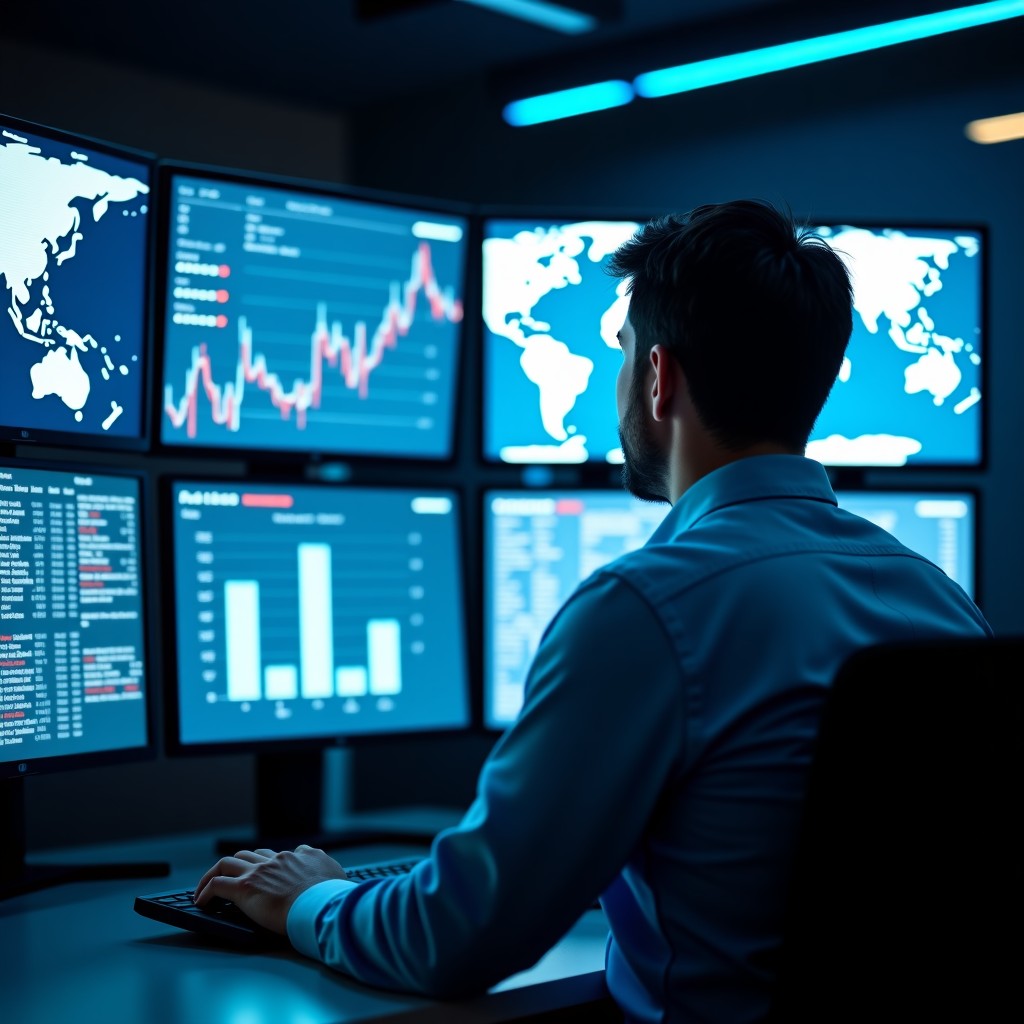 Cyber security specialist monitoring global network traffic on multiple screens, advanced data analysis visuals, cinematic lighting, realistic professional atmosphere, 4:3.