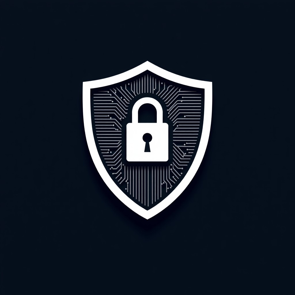 Abstract representation of digital security, shield icon combined with complex circuit board patterns, high contrast, clean background, 4:3.