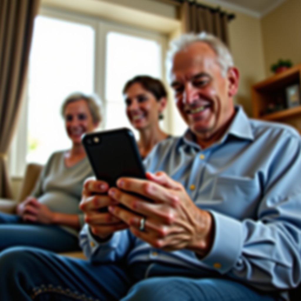 Close up of an elderly person holding a smartphone, blurred family members in the background, warm and comfortable home environment, soft lighting, 4:3 aspect ratio.