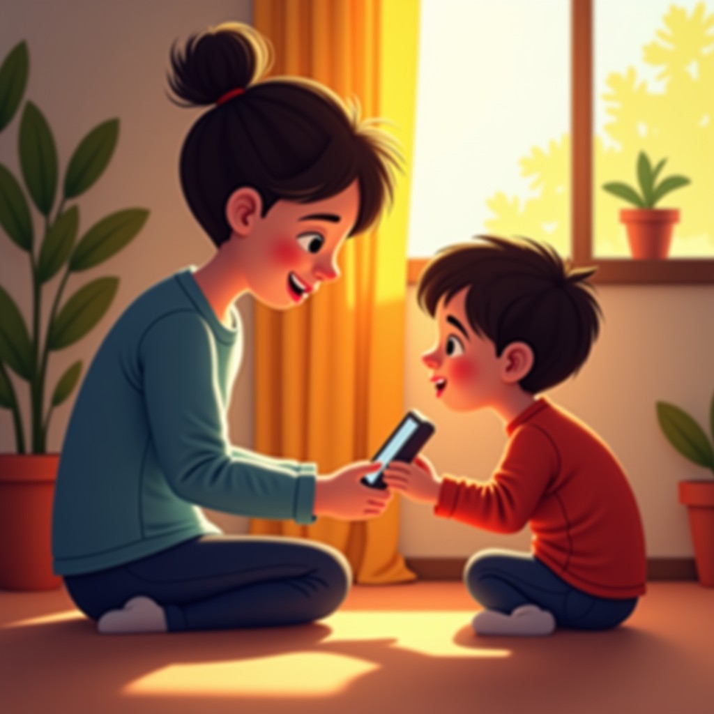 A parent playing with a child, warm atmosphere, focused on real-life interaction rather than technology, high resolution, realistic, 4:3