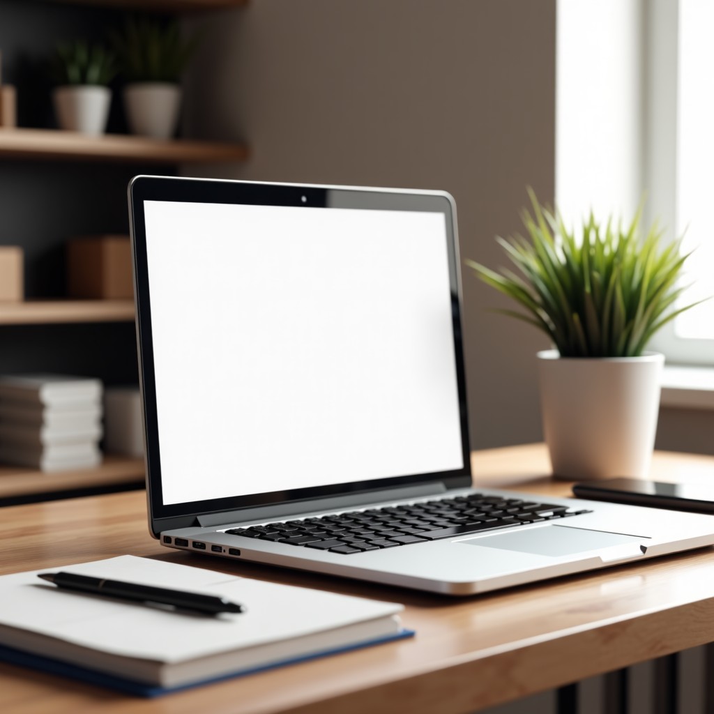 An aesthetic desk setup with a laptop showing a clean website design project, aesthetic stationery, interior design, realistic style, 16:9.