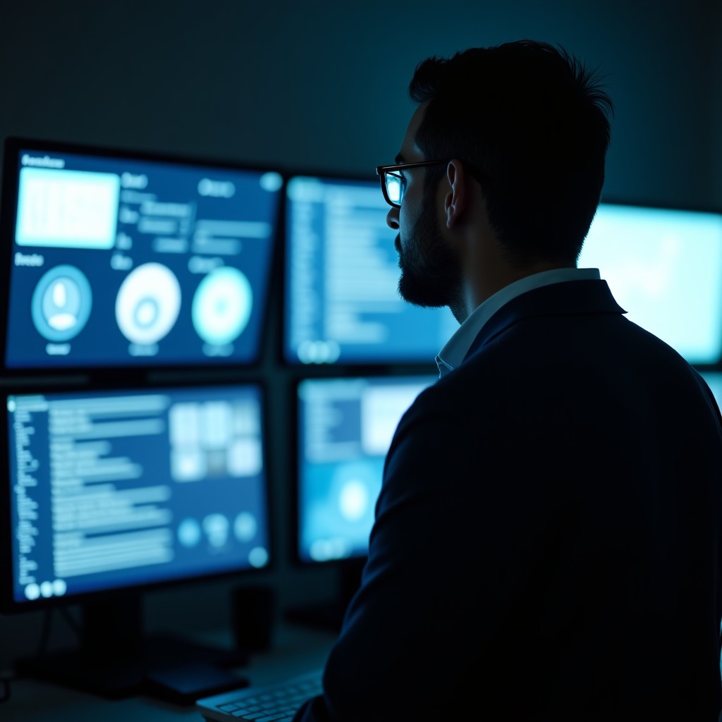 A detective looking at multiple digital screens showing blurry images and facts, dark ambient room, focus on the person, high detail, 4:3 aspect ratio