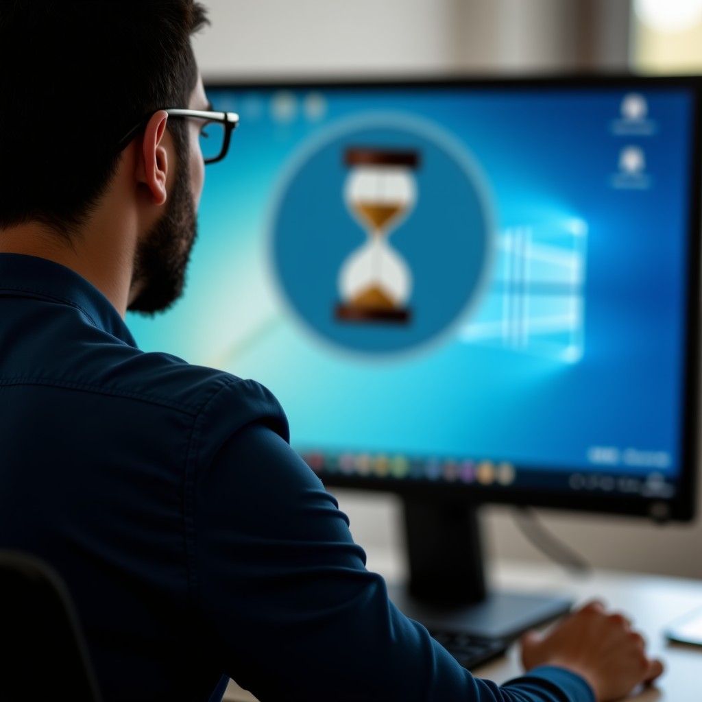 Close up of a person waiting in front of a computer screen, hourglass, calm atmosphere, professional photography, 4:3 aspect ratio