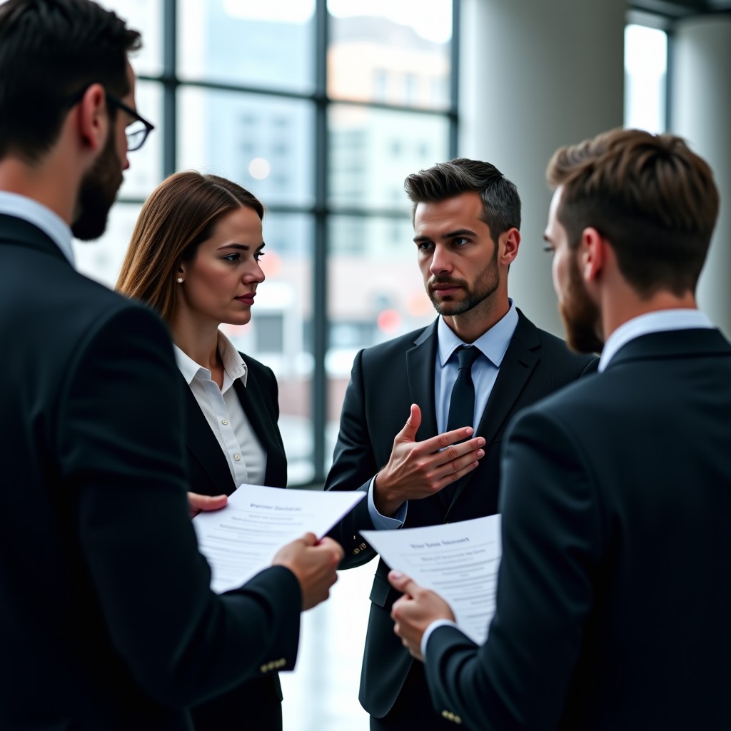 People discussing information in a modern city setting, balanced lighting, professional and thoughtful atmosphere, 4:3 aspect ratio