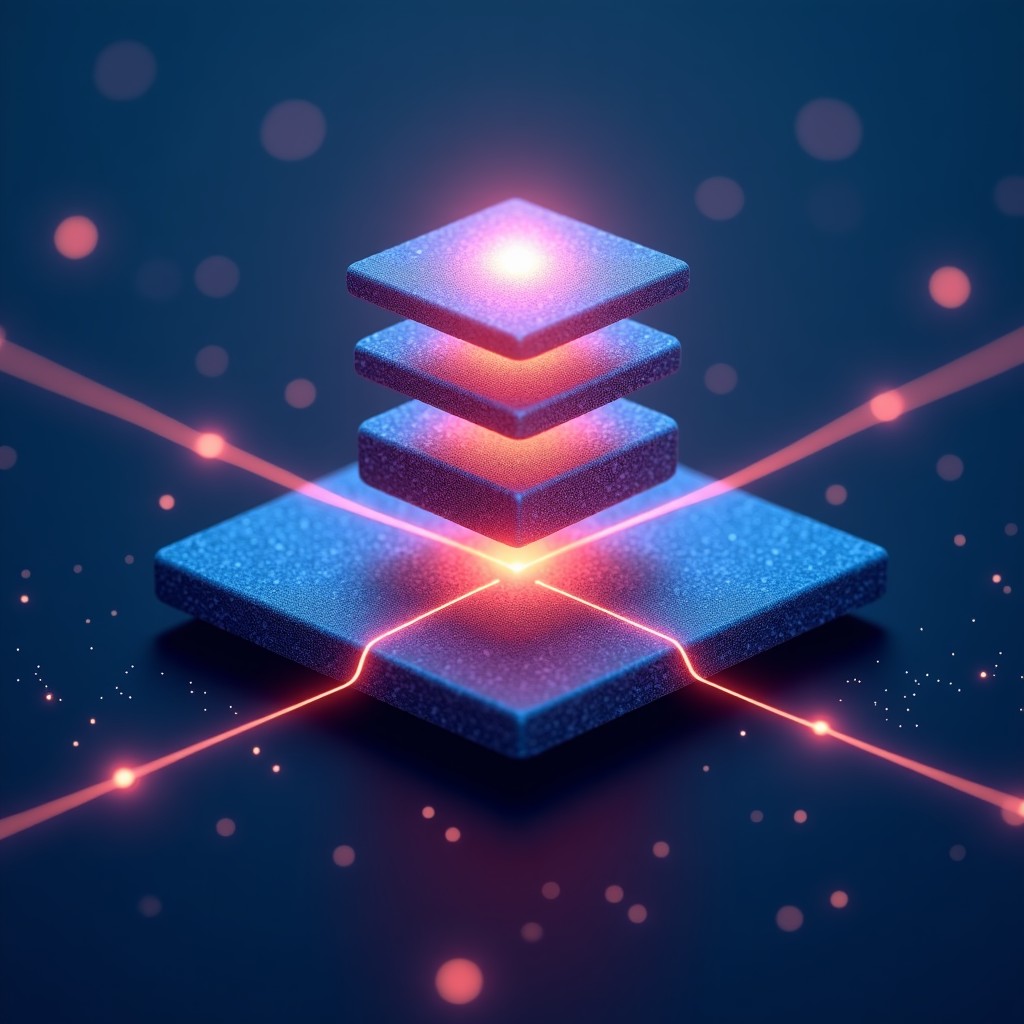 An abstract representation of a digital orchestration layer connecting different technology stacks, glowing light paths, futuristic concept, professional, 1:1.