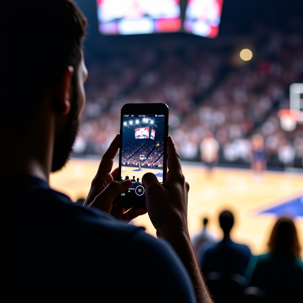 Close-up of a person holding a phone watching a basketball game with multiple camera view options, immersive atmosphere, sharp focus, cinematic lighting, 4:3 aspect ratio.