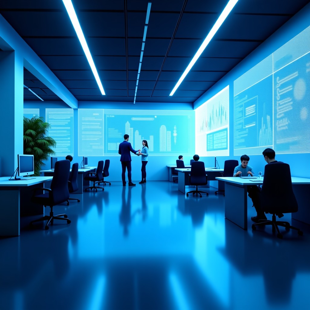 Abstract representation of AI data processing in a corporate workspace, vibrant blue and white tones, high contrast, clean minimalist style, 4:3