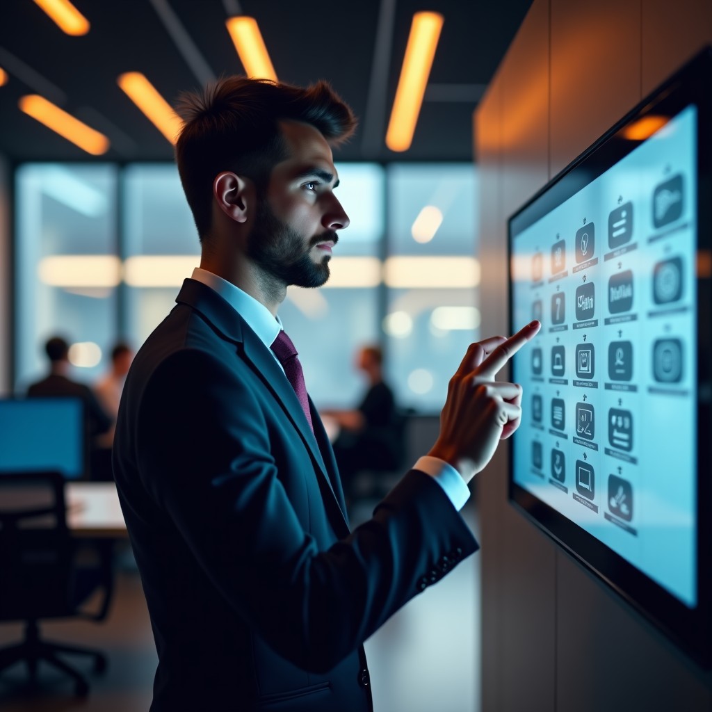 Professional person interacting with advanced technology in a modern office, warm lighting, focus on human element, realistic, 4:3