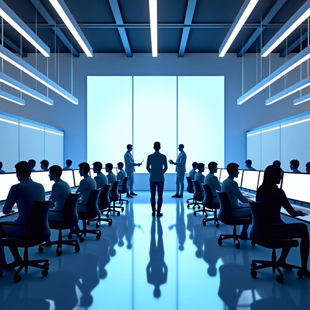 Futuristic office space with digital elements and people collaborating, clean composition, high definition, modern aesthetic, 4:3