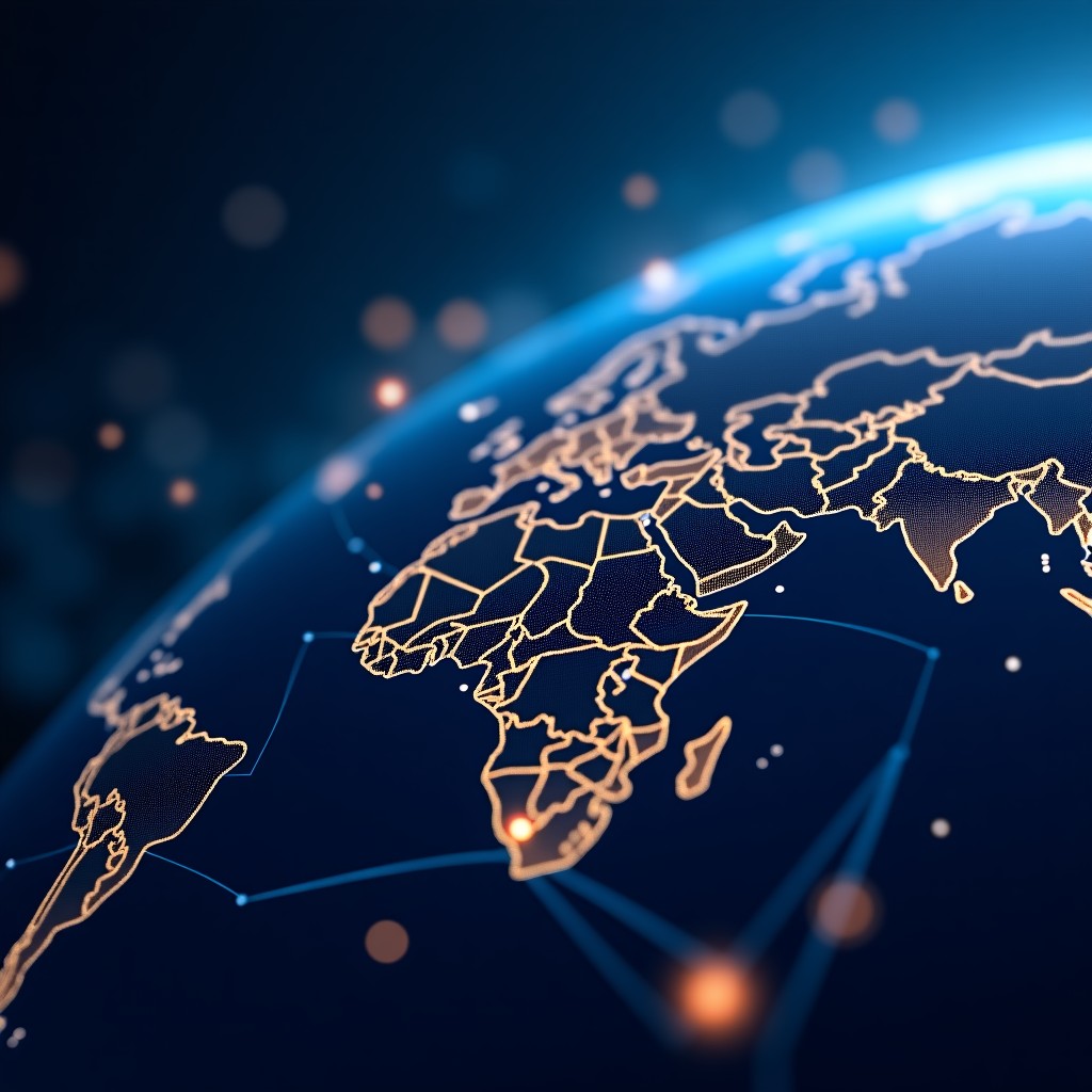 Abstract representation of global connections and digital markets, sleek lines, blue and gold color palette, professional business setting, high quality, 4:3