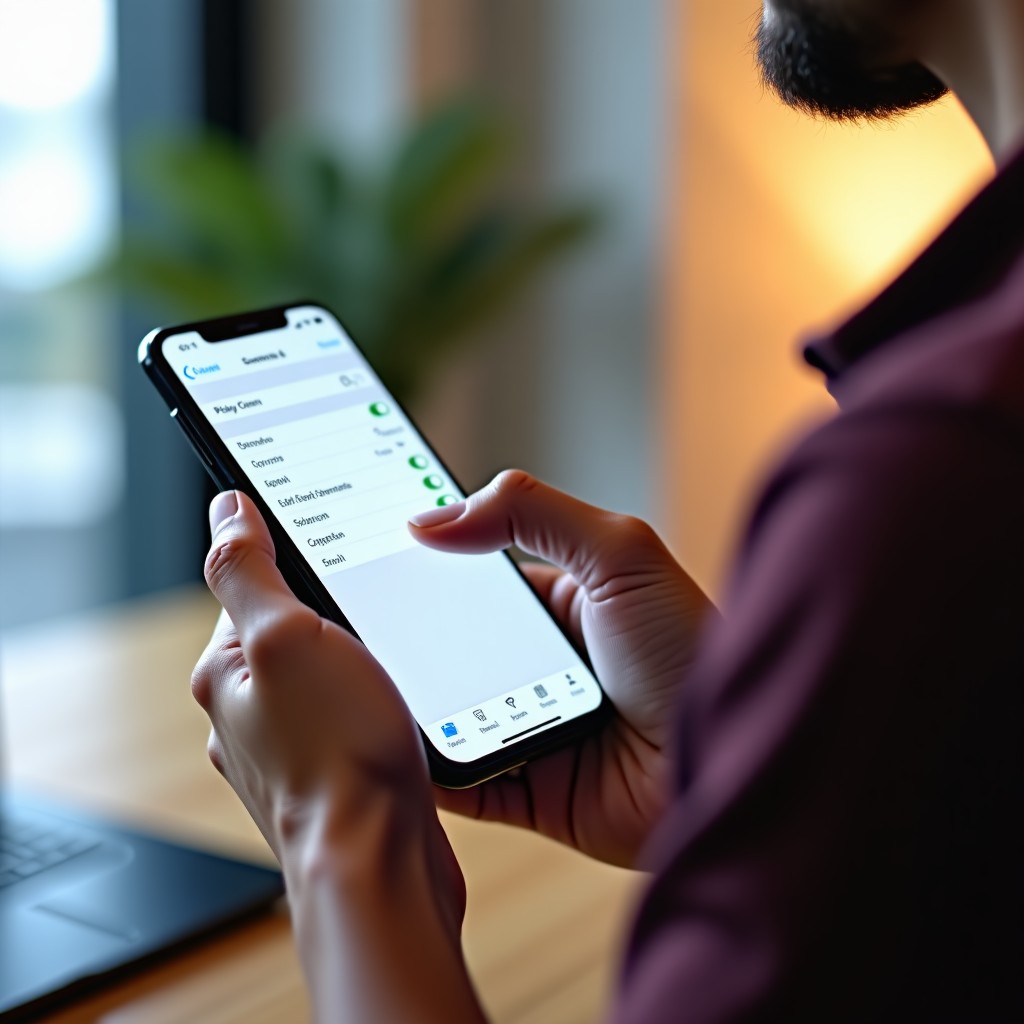 Close-up of a person using a mobile app on a smartphone to adjust settings, clean modern aesthetic, minimalist design, soft focus background, high quality photography, 4:3 aspect ratio.