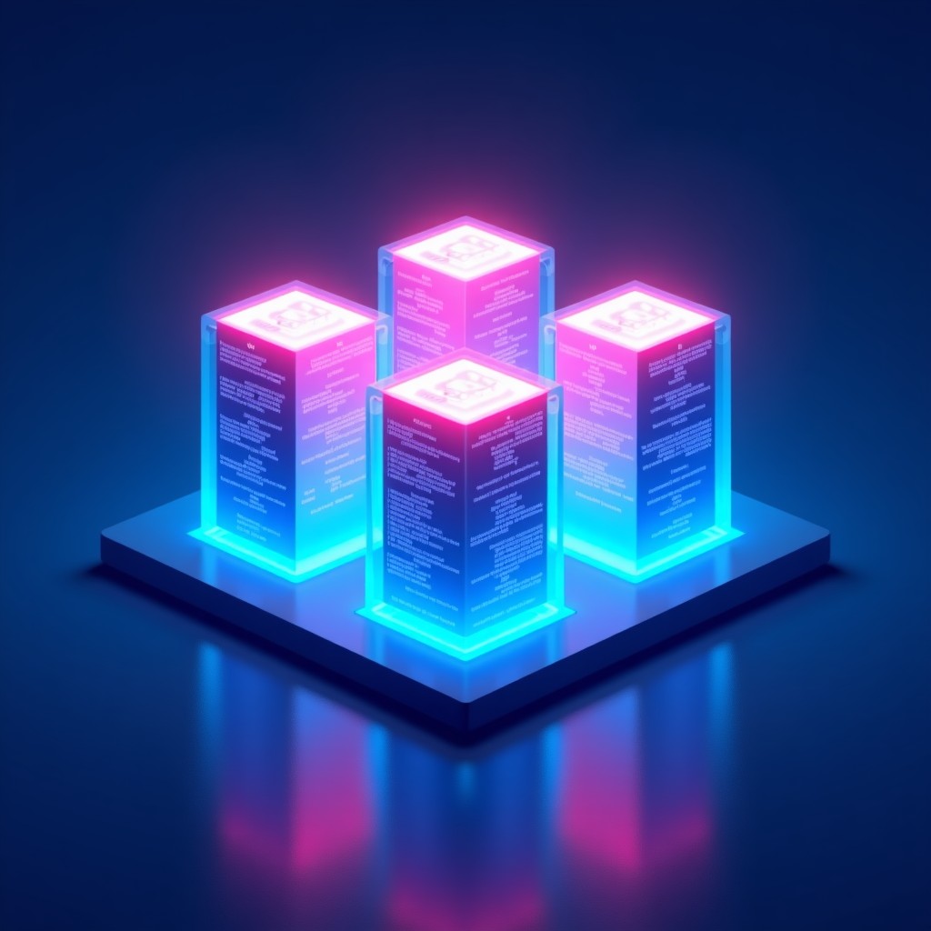 Abstract representation of digital security and isolation, glowing containers holding code blocks in a safe environment, futuristic tech aesthetic, vibrant blue and purple gradients, high contrast, 4:3