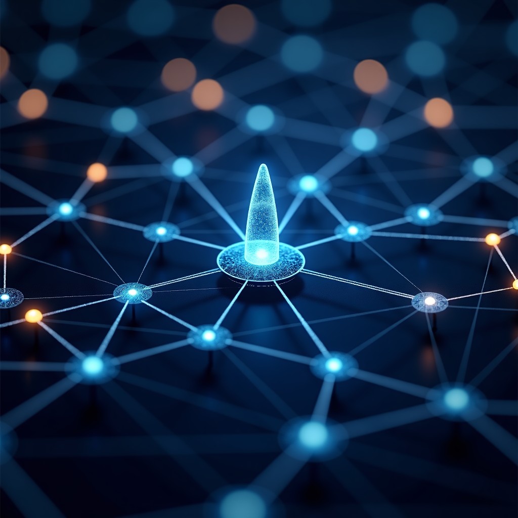 Futuristic interconnected network of nodes and data, representing software infrastructure, glowing lines and dots, deep dark background, sleek tech aesthetics, 4:3