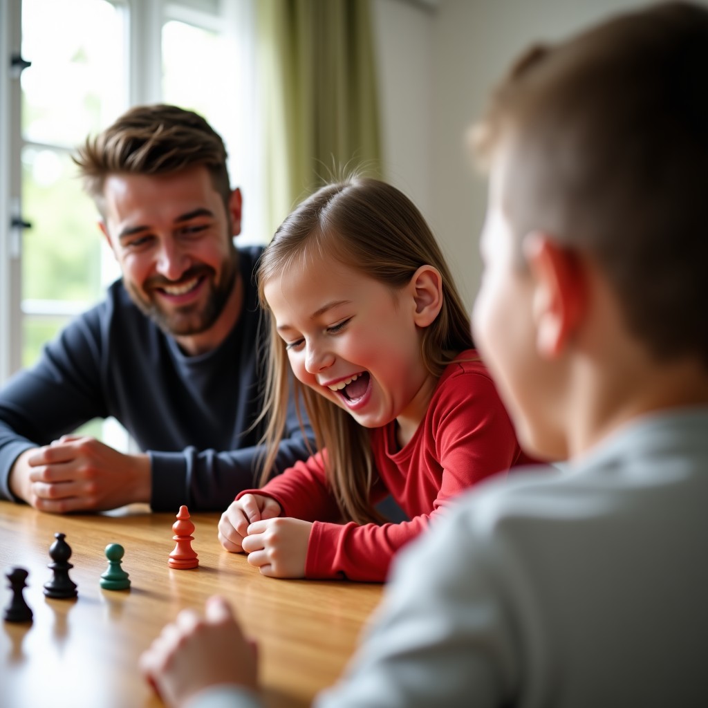 Close up shot of family members laughing while playing a game, natural lighting, high quality lifestyle photography, 4:3