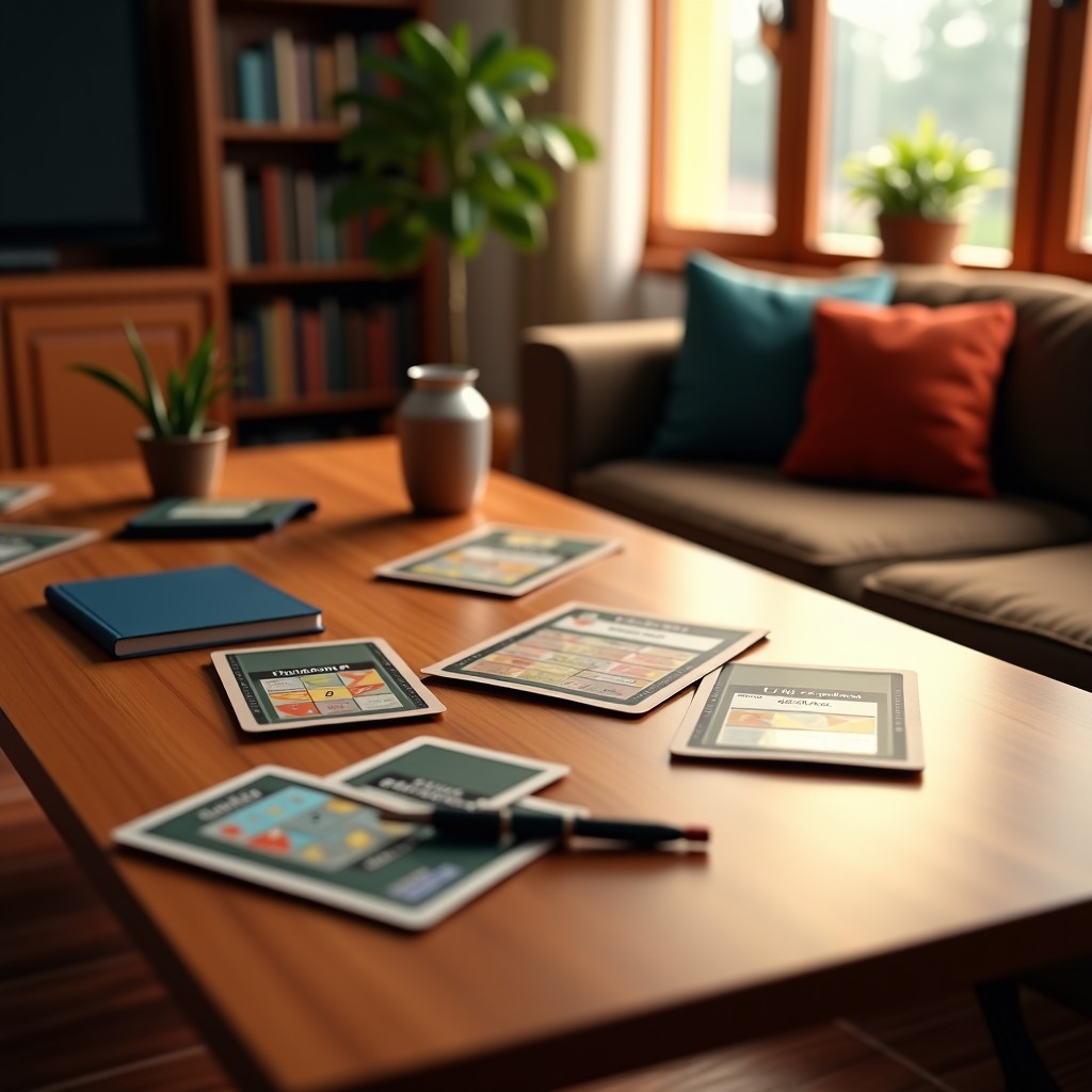 Table top view of game cards, notebooks, and pens, cozy living room background, aesthetic composition, warm color palette, 4:3