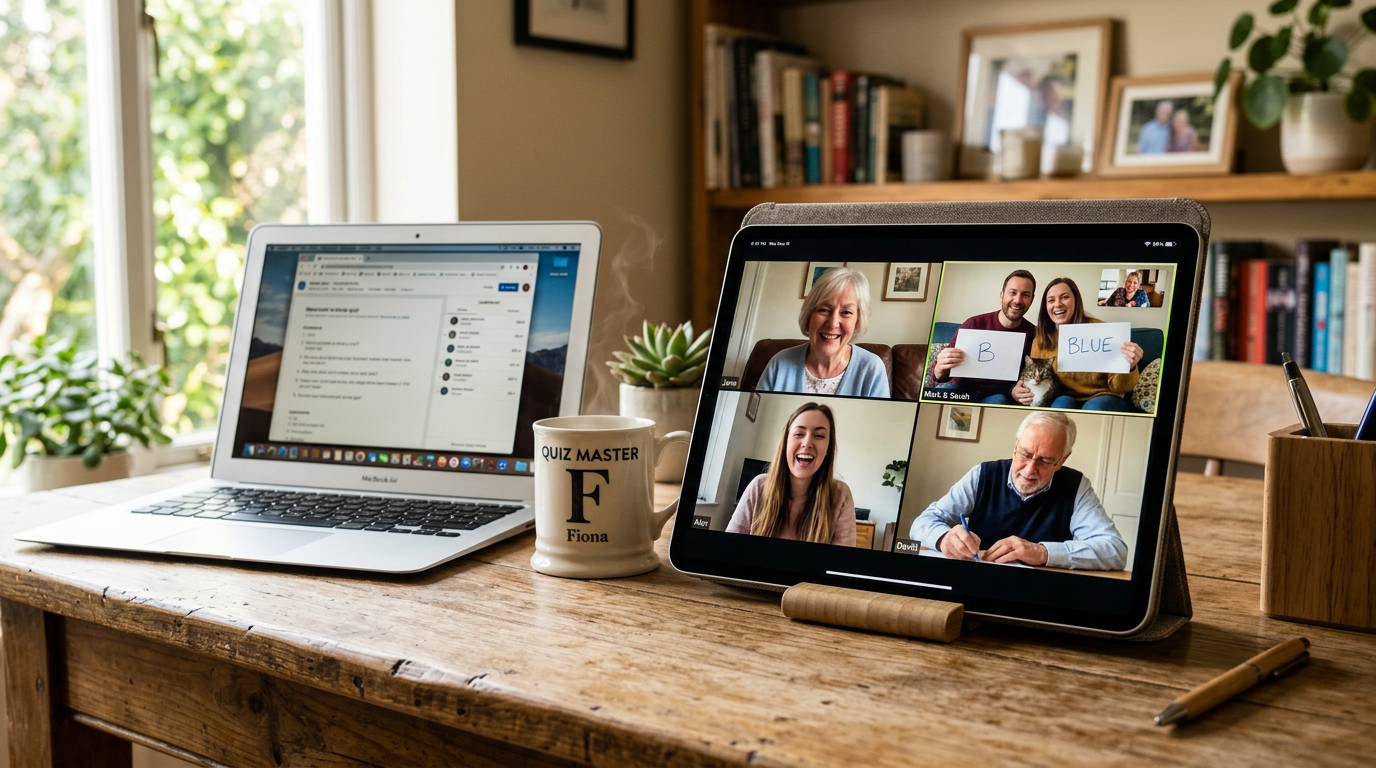 온라인으로 퀴즈 게임에 참여하는 가족