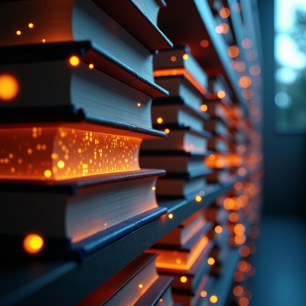 An artistic representation of traditional printed books stacked on shelves mixed with abstract glowing neural network digital patterns, deep depth of field, cinematic lighting, 16:9 aspect ratio