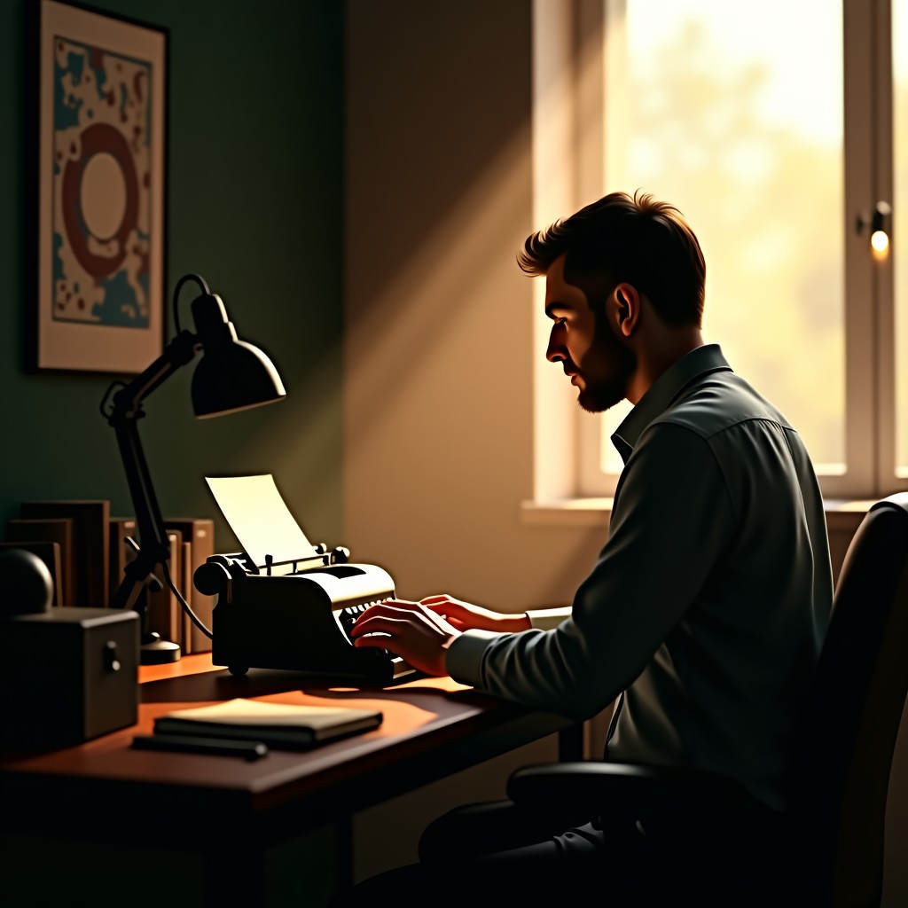 A professional writer sitting at a desk typing on a typewriter with warm natural sunlight coming through the window, moody and artistic atmosphere, high detail, 16:9 aspect ratio
