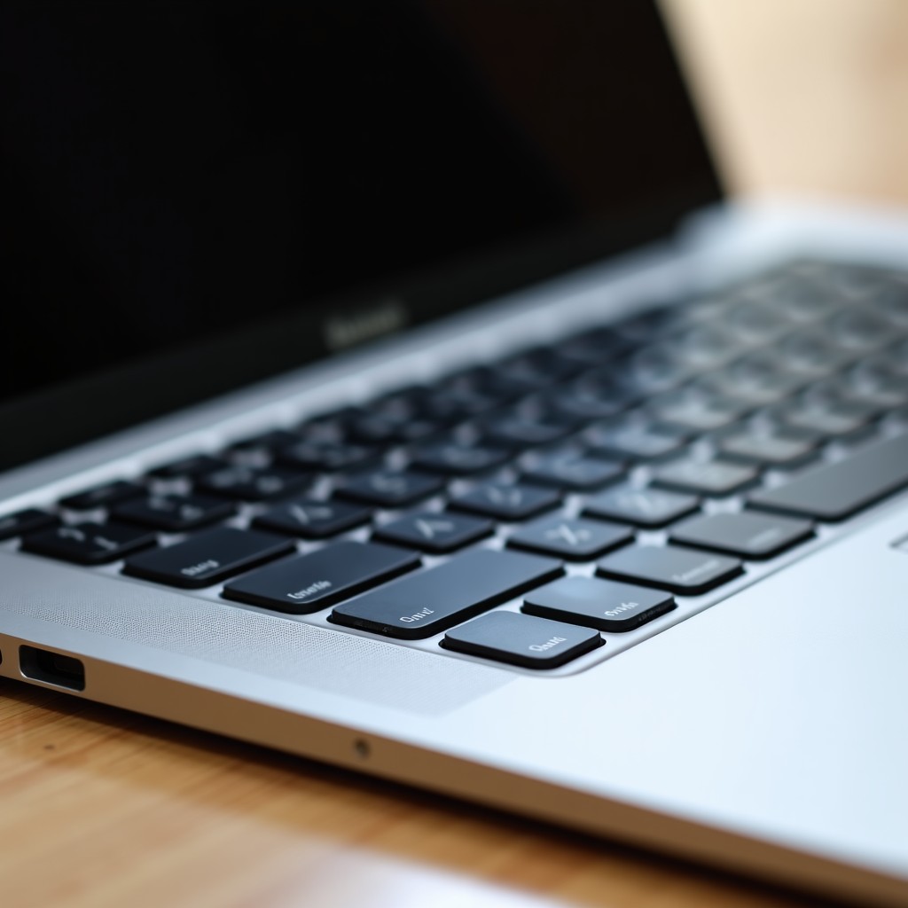 Close-up macro shot of the metal chassis and keyboard of a laptop, highlighting premium texture and build quality, soft natural daylight, 1:1