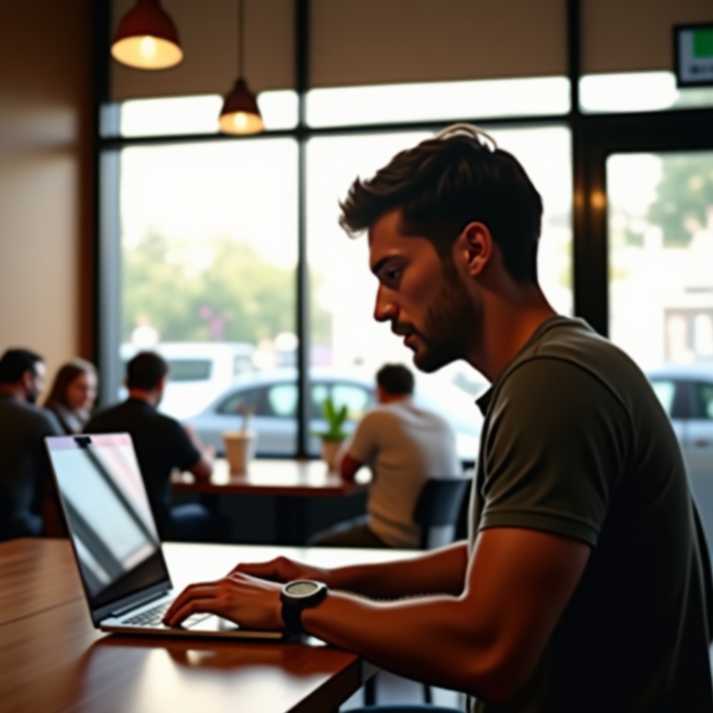 A person using a slim laptop in a bright, modern cafe setting, natural light, realistic atmosphere, high quality photography, 4:3