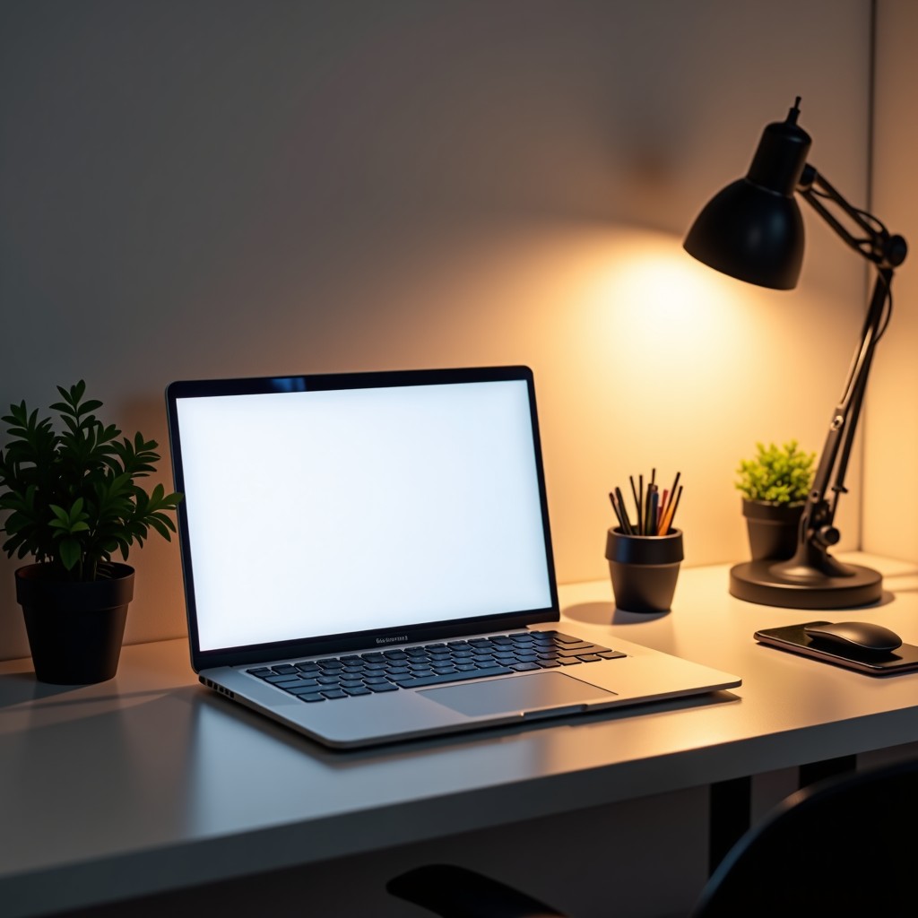 A well-organized workspace featuring a modern laptop, aesthetic desk accessories, soft ambient lighting, clean and professional look, 1:1