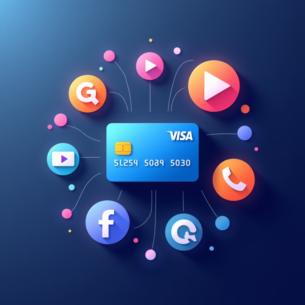 Minimalist composition of various digital streaming media icons and credit card, abstract background, sleek and professional, high quality, 16:9 aspect ratio