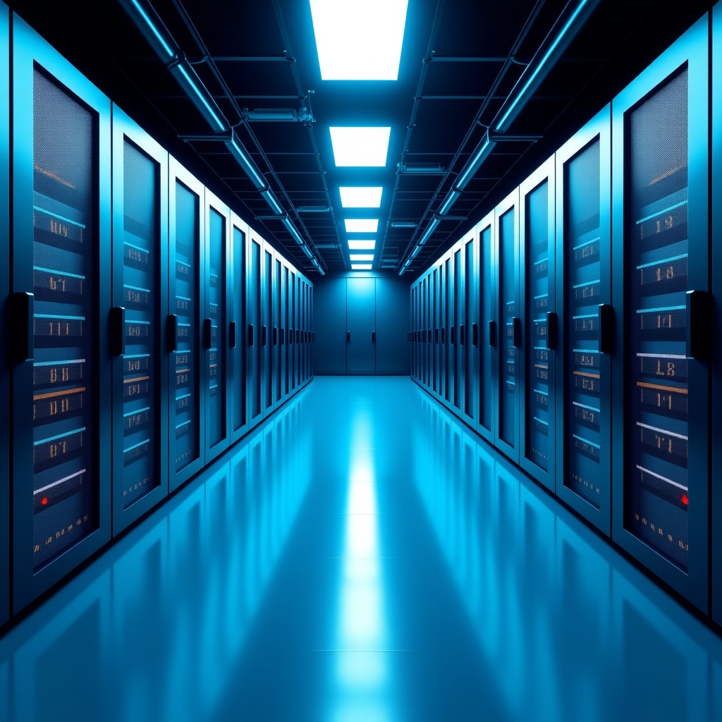A massive high-tech data center interior with rows of glowing server racks, advanced cooling systems, clean industrial aesthetic, soft blue ambient lighting, 4:3 aspect ratio