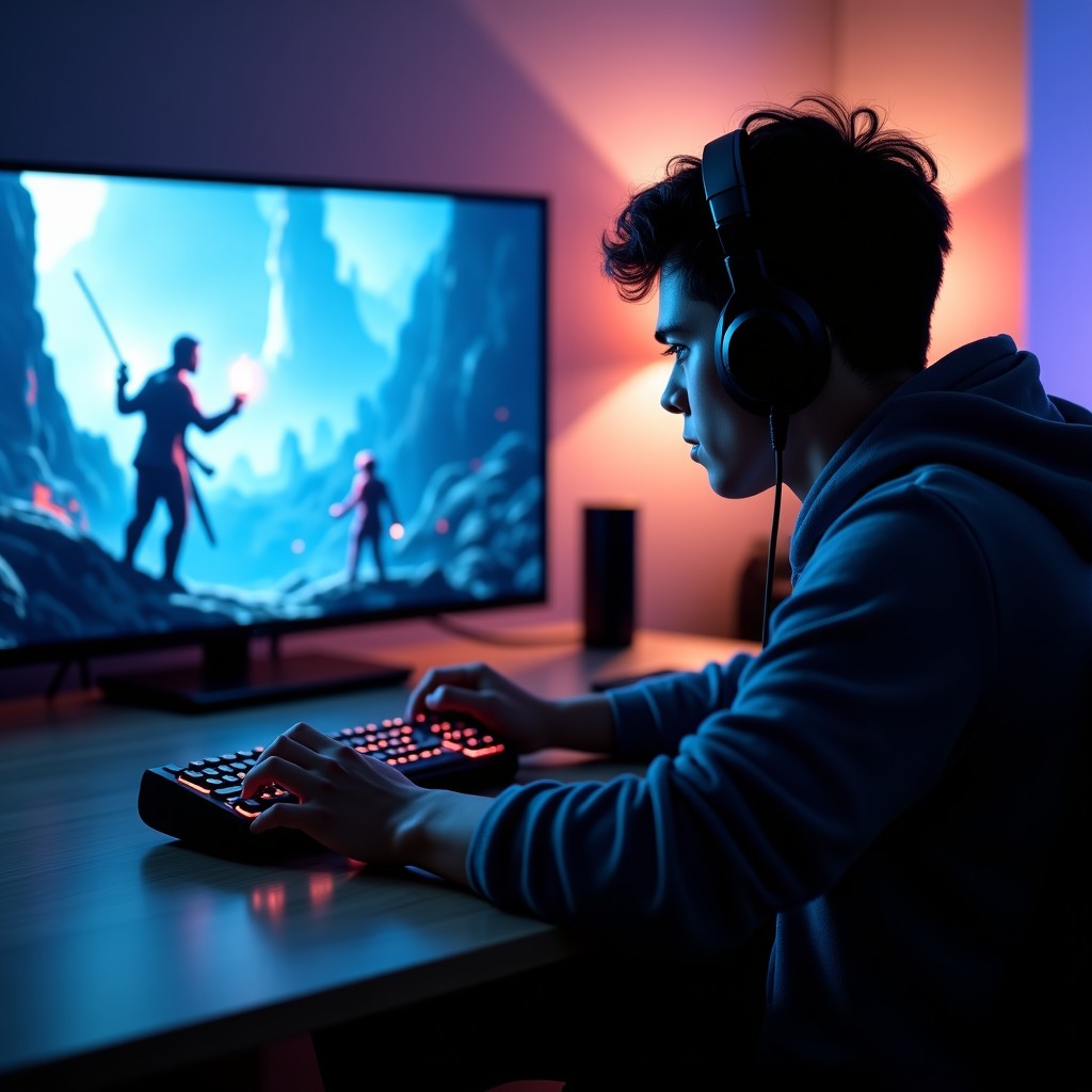 A gamer playing a high-end fantasy RPG on a large TV screen, focused and engaged, blurred room background, sleek tech aesthetic, 4:3