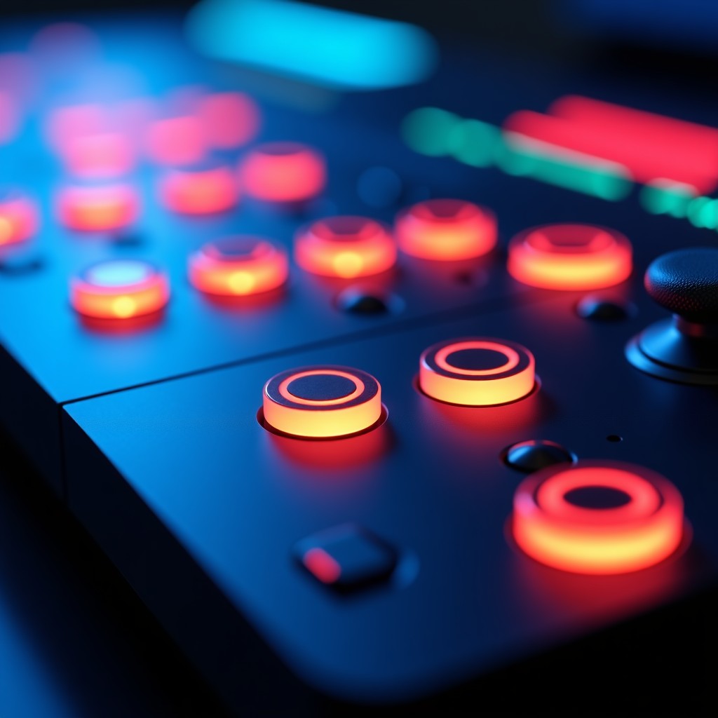 Close-up shot of a modern gaming console interface, glowing buttons and lights, futuristic and clean design, shallow depth of field, 4:3