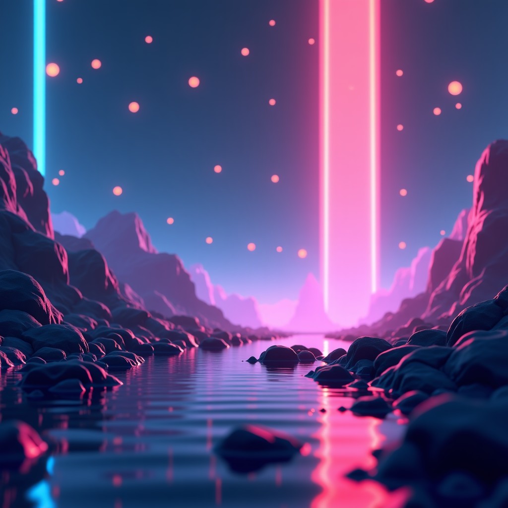 Abstract representation of artificial intelligence assisting in a video game environment, glowing particles, digital landscape, high tech, vivid colors, 4:3