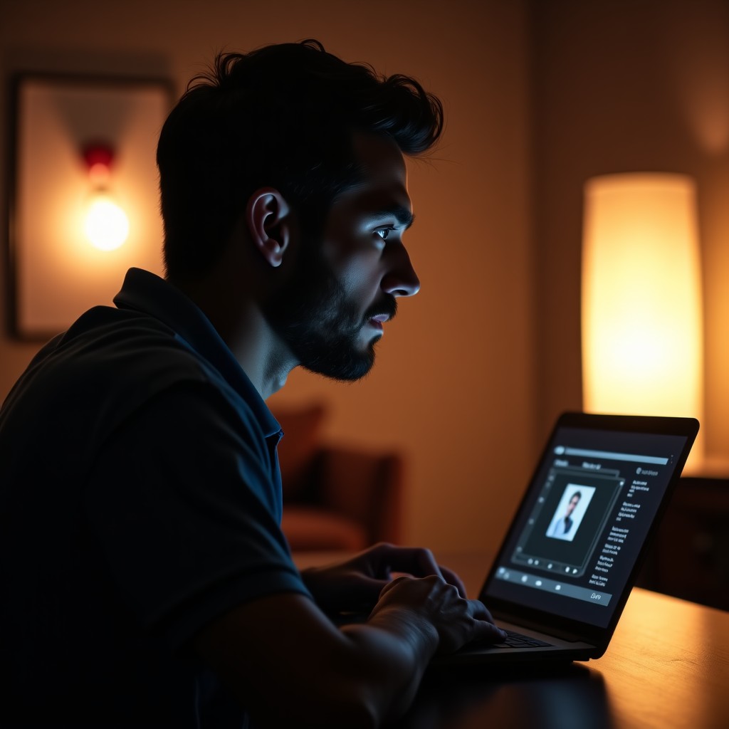 A filmmaker looking at a storyboard with deep concentration, warm indoor lighting, artistic atmosphere, 16:9, 4:3