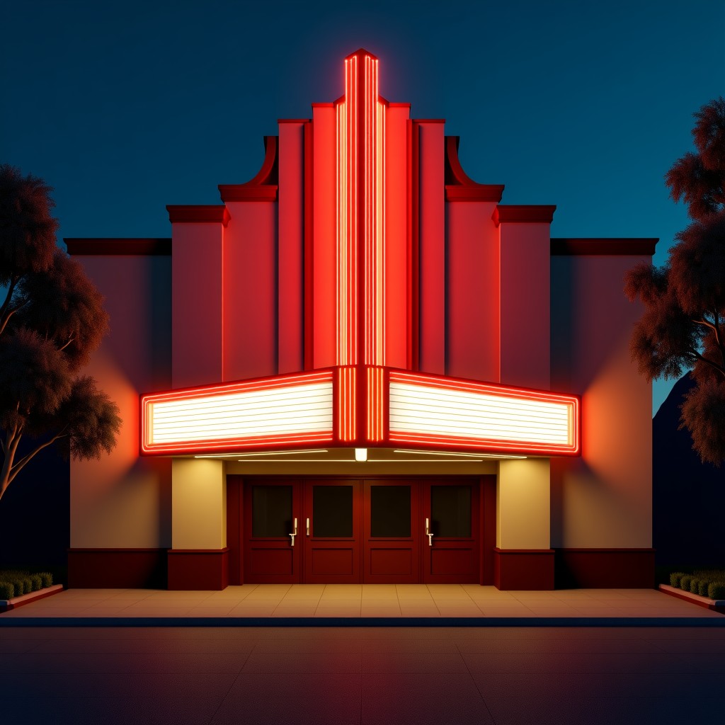 Wide shot of a classic cinema theater exterior at night, vintage aesthetic with modern elements, atmospheric lighting, 16:9, 4:3