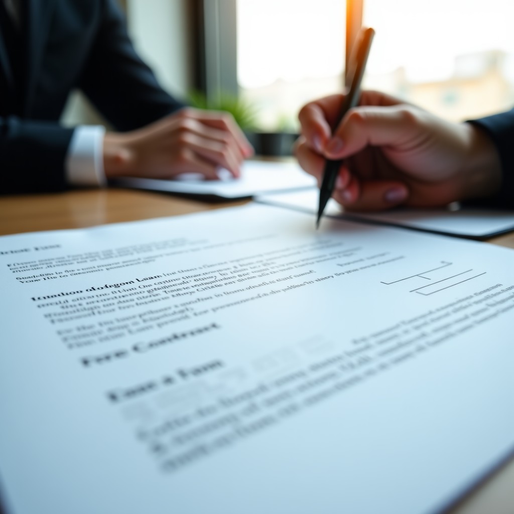 Close up of a contract document with a pen, minimalist office desk, realistic style, soft daylight, 4:3.