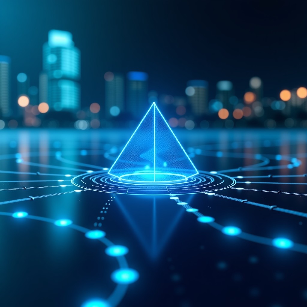 Futuristic technical interface overlay on a digital workspace, clean professional look, 16:9.